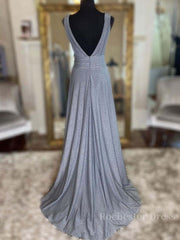 Gray v neck tulle sequin long prom dress, gray evening dress