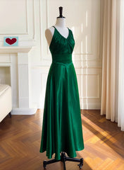 Green A-line Soft Satin Cross Back Evening Dress, Green Prom Dress Party Dress