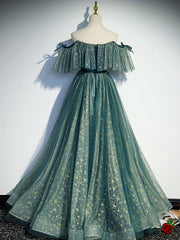 Green A line Tulle Long Prom Dresses, Green Graduation Dresses