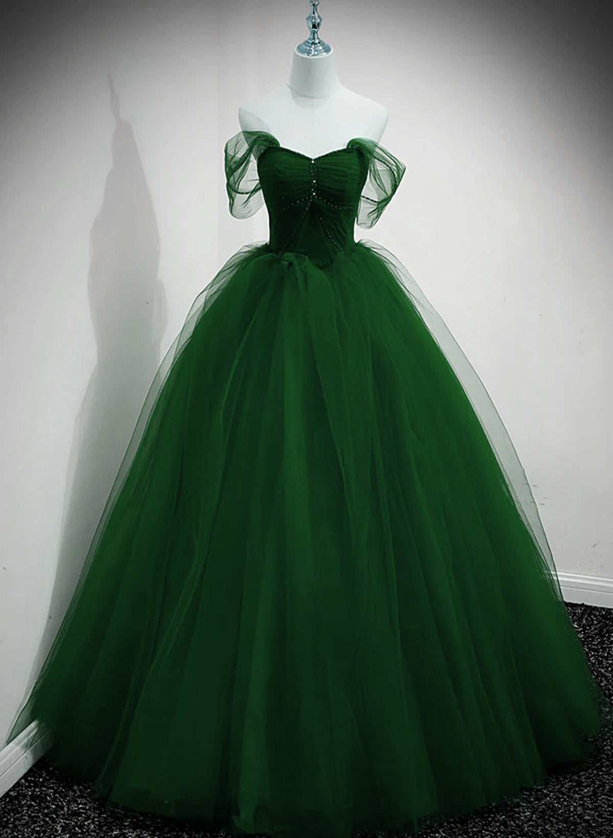 Green Beaded Tulle Off Shoulder Long Party Dress, Green Tulle A-line Prom Dress