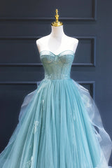 Green Lace Tulle A-Line Long Formal Dress, Green Strapless Evening Dress