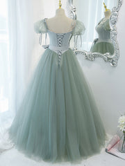 Green Round Neck Tulle Long Prom Dress, Green Evening Dress