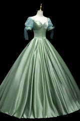 Green Satin Long A-Line Ball Gown, Short Sleeve Green Formal Evening Dress