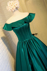 Green Satin Short Homecoming Dress, Cute Off the Shoulder Knee Length Prom Dress