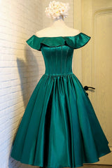 Green Satin Short Homecoming Dress, Cute Off the Shoulder Knee Length Prom Dress