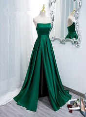 Green Satin Simple Long Party Dress with Leg Slit, Green A-ine Junior Prom Dress