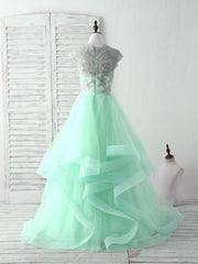 Green Tulle Lace Applique Long Prom Dress Blue Tulle Sweet 16 Dress