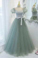 Green Tulle Long A-Line Prom Dress, Cute Short Sleeve Graduation Dress