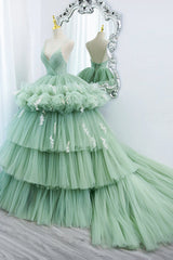 Green Tulle Long A-Line Prom Dress, Green V-Neck Formal Evening Gown