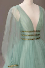 Green Tulle Long Prom Dress with Sequins, Green Long Sleeve Evening Party Dress