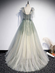 Green Tulle Straps A-line Beaded Long Prom Dress, Green Evening Party Dress