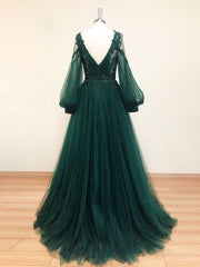 Green V Neck Lace A line Long Prom Dress,Tulle Evening Dresses Long Sleeve