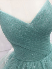 Green V Neck Tulle Long Prom Dress, Green Sweet 16 Dress