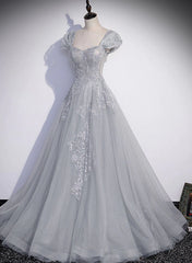 Grey A-line Tulle Short Sleeves Long Formal Dress, Grey Tulle Lace Party Dress Prom Dress