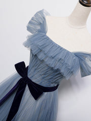 Grey-Blue Tulle Off Shoulder Long Party Dress with Bow, A-line Floor Length Prom Dress