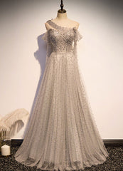 Grey One Shoulder Pearls Tulle Long Evening Dress, Light Grey Party Dress Formal Dress