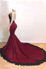 Burgundy Halter Deep V Neck Mermaid Prom Dress with Lace, Long Evening Gown