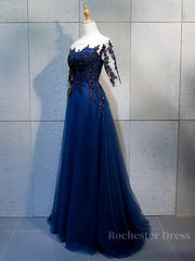 Half Sleeves Navy Blue Long Lace Prom Dresses, Dark Navy Blue Long Lace Formal Bridesmaid Dresses