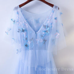 Half Sleeves Round Neck Blue Floral Long Prom Dresses, Blue Long Formal Evening Dresses with Flower