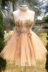 Halter Neck Backless Champagne 3D Floral Short Prom Dress, Backless Champagne Formal Graduation Homecoming Dress