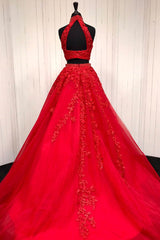 Halter Two Piece Tulle Red Long Prom Dress With Beaded Appliques