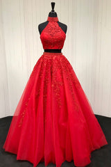 Halter Two Piece Tulle Red Long Prom Dress With Beaded Appliques