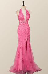 Halter Fuchsia Yellow Lace Mermaid Prom Dress