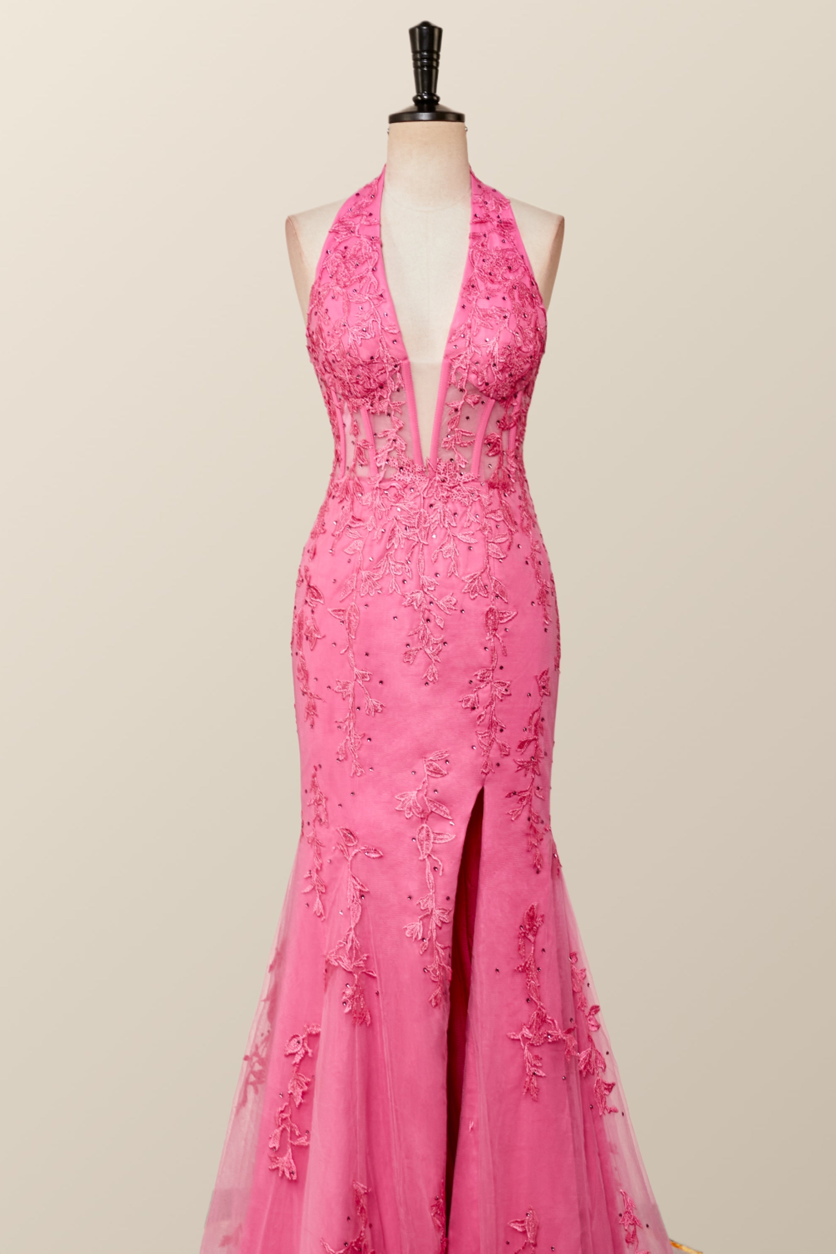 Halter Fuchsia Yellow Lace Mermaid Prom Dress