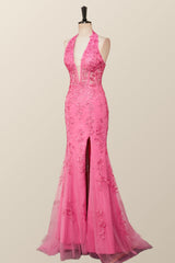 Halter Fuchsia Yellow Lace Mermaid Prom Dress