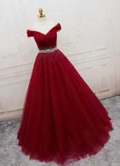 Handmade A-line Prom Dress , Off Shoulder Wine Red Party Dress