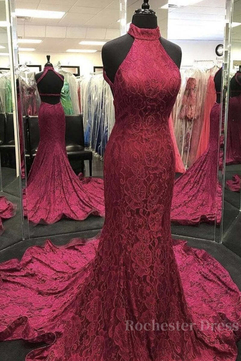 High Neck Backless Burgundy Lace long Prom Dress, Long Burgundy Lace Formal Evening Dress, Burgundy Ball Gown