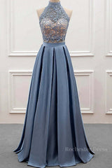 High Neck Two Pieces Blue Lace Long Prom Dress, 2 Pieces Blue Lace Formal Dress, Blue Evening Dress