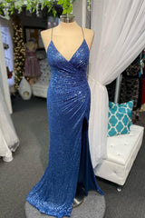 High Slit Blue Sequins Straps Mermaid Evening Gown,Ball Gowns Prom Dresses