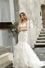 Ivory Mermaid Tulle Lace Appliques V-neck Wedding Dresses with Cascading Ruffles