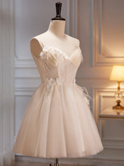 Ivory Tulle Short Homecoming Dress with Flowers, Ivory Short Prom Dress