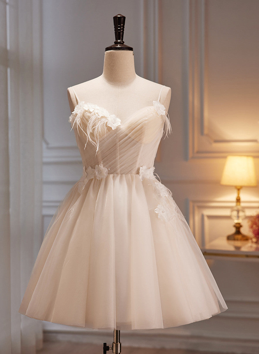 Ivory Tulle Short Homecoming Dress with Flowers, Ivory Short Prom Dress