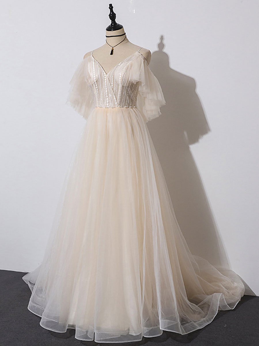 Ivory Tulle V-neckline Straps Off Shoulder Long Evening Dress, A-line Prom Dress Party Dress