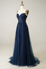 Navy Tulle and Lace Long Prom Dress, Lovely Spaghetti Strap Evening Dress