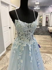 Blue Spaghetti Strap Tulle Long Prom Dress with Lace, A-Line Evening Party Dress