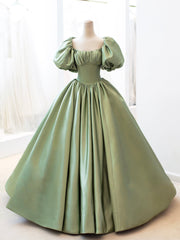 Green Satin Formal Evening Gown with  Puff Sleeve, A-Line Long Prom Dress