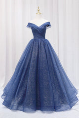 Blue Off the Shoulder Long Party Dress Evening Gown, Blue Junior Prom Dress