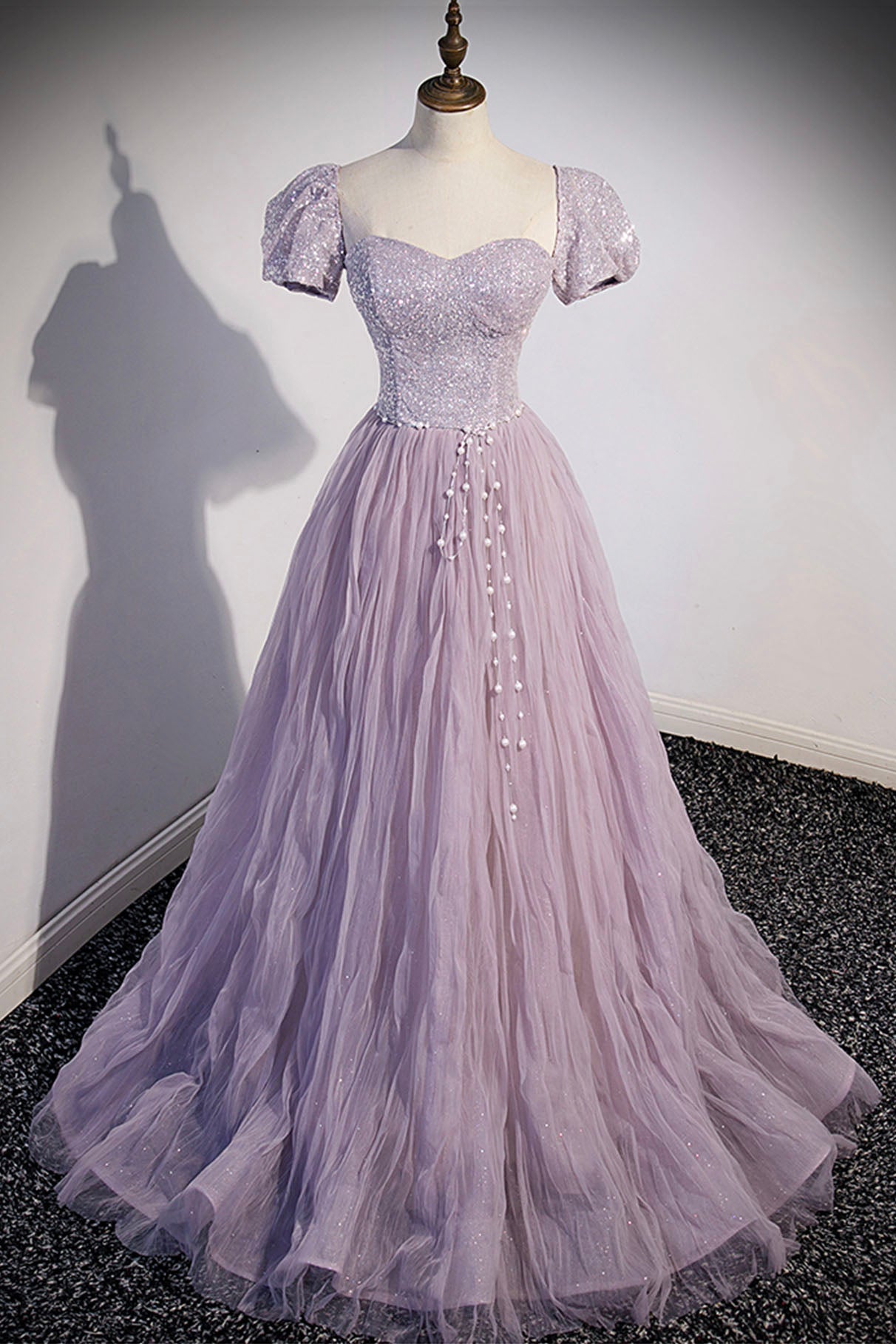 Purple Tulle Sequins Floor Length Prom Dress, A-Line Evening Party Dress