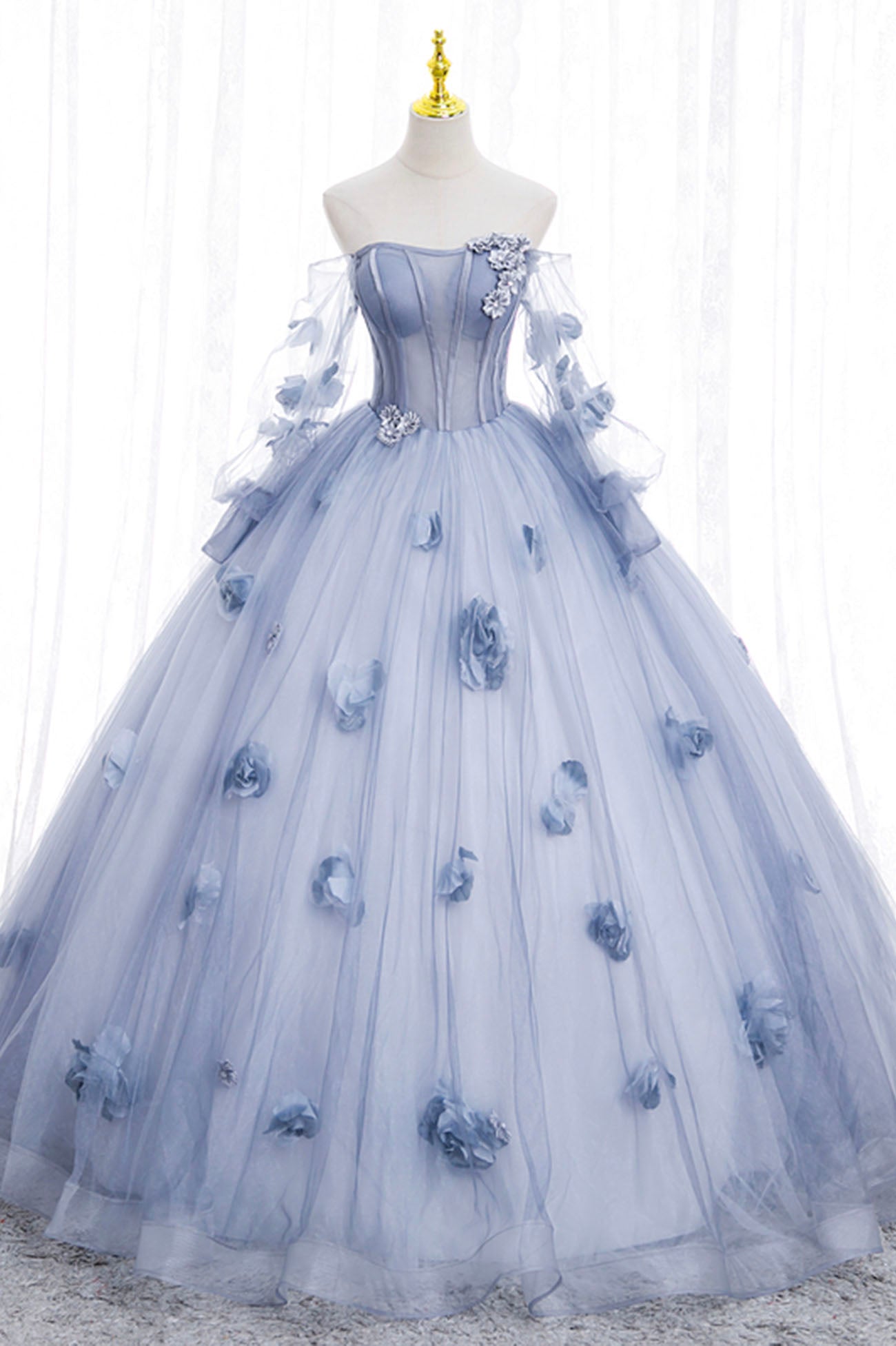 Blue Tulle Long Sleeve Prom Dress, A-Line Off the Shoulder Evening Gown