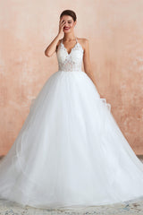 Lace Halter See-through Multi-Layers White Wedding Dresses with Open Back