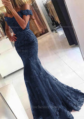 Lace Long Floor Length Trumpet Mermaid Sleeveless Off The Shoulder Zipper Prom Dress With Appliqued Beaded