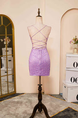 Lace-Up Lilac Sequin Tight Short Homecoming Dress