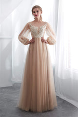 Lantern Sleeve Champagne Appliques Long Prom Dresses