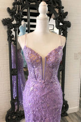 Lavender Floral Appliques Deep V Neck Mermaid Long Prom Dresses Gala Dress Formal