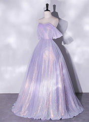 Lavender Tulle and Sequins Long Prom Dress, Off Shoulder A-line Party Dress