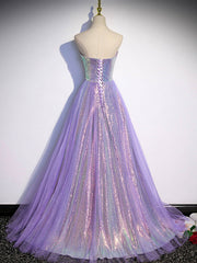 Lavender Tulle and Sequins Sweetheart Long Pary Dress, A-line Prom Dress Formal Dresses